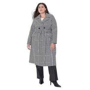 Lane Bryant Coat Double-Breasted Plaid Trench Women's Size 24 Black White